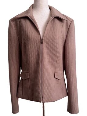 Talbots Beige Quilted Zip Front Knit Jacket Blazer Flap Pockets 14